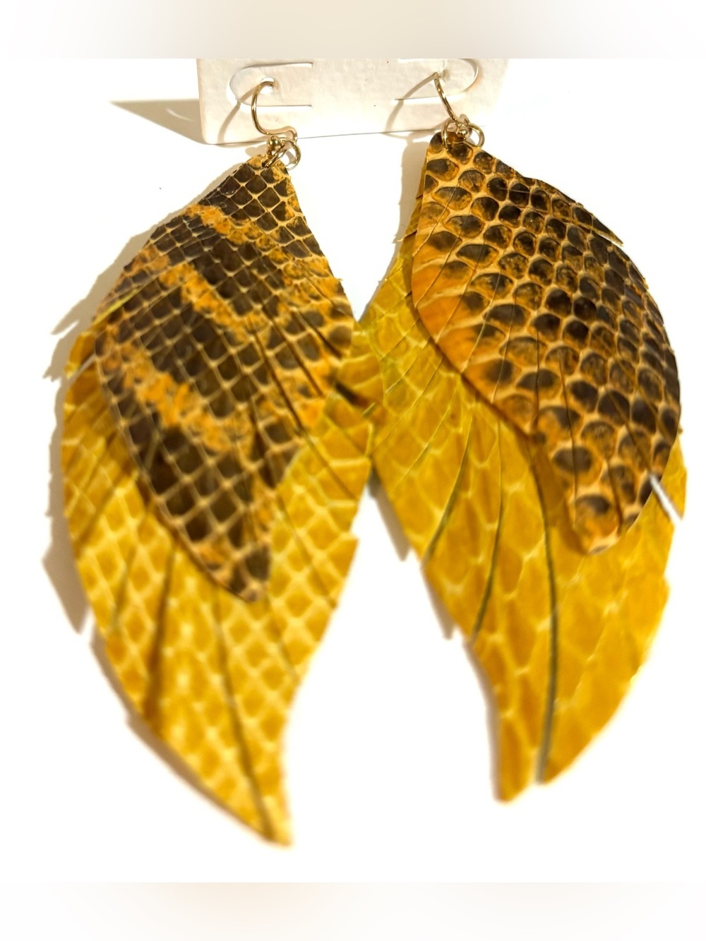 Yellow Snake leather Pattern Feather Earrings -